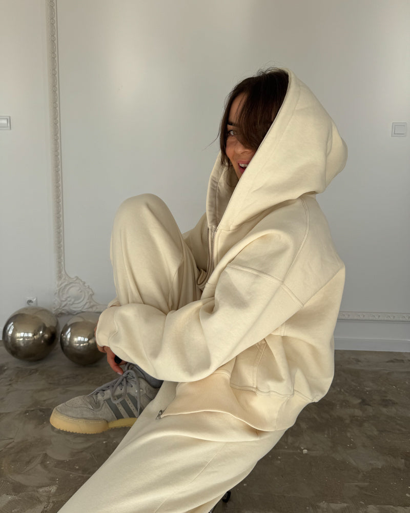 Bluza Restful antique ecru na zamek z kapturem