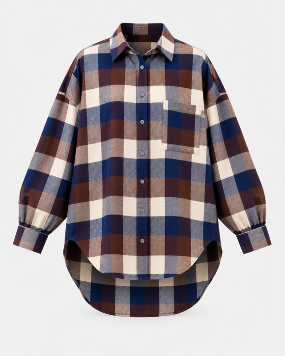Koszula Calm oversize navy brown krata – packshot z poprawioną długością i proporcjami.
