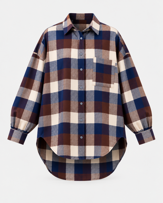 Koszula Calm oversize navy brown krata – packshot z poprawioną długością i proporcjami.