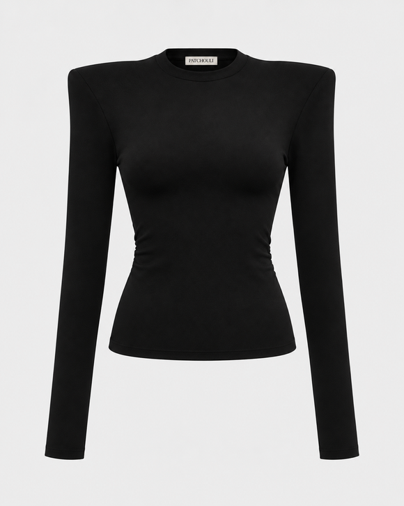 Longsleeve Close Crew Neck Black – jasne tło, odpinane poduszki i marszczenie z boku