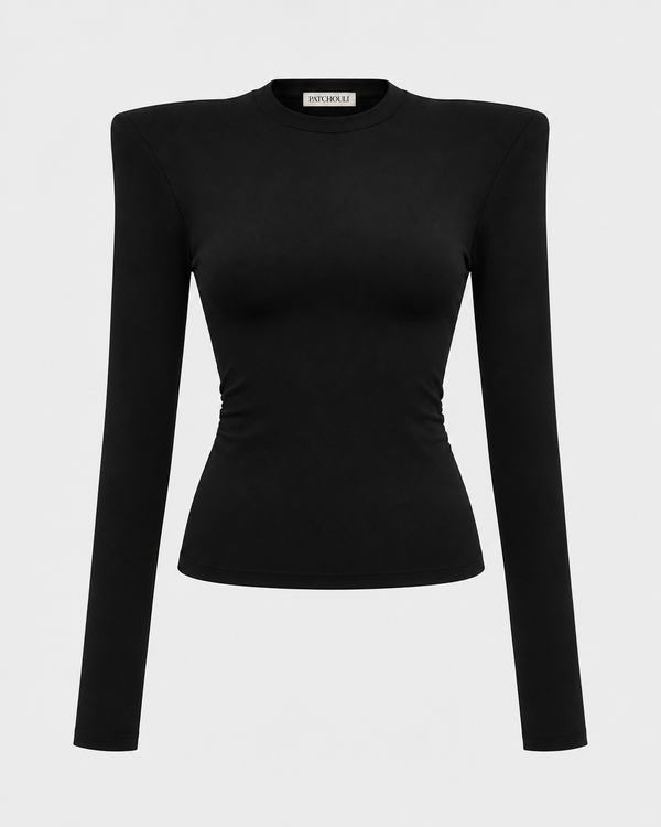 Longsleeve Close Crew Neck Black – jasne tło, odpinane poduszki i marszczenie z boku