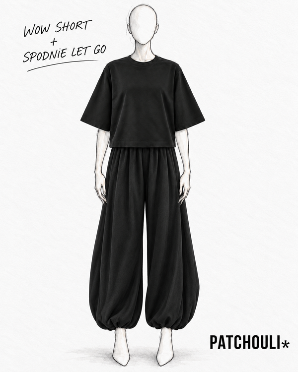 Szkic stylizacji PATCHOULI: WOW SHORT Black i spodnie LET GO Black – T-shirt wypuszczony na spodnie