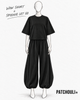 Szkic stylizacji PATCHOULI: WOW SHORT Black i spodnie LET GO Black – T-shirt wypuszczony na spodnie