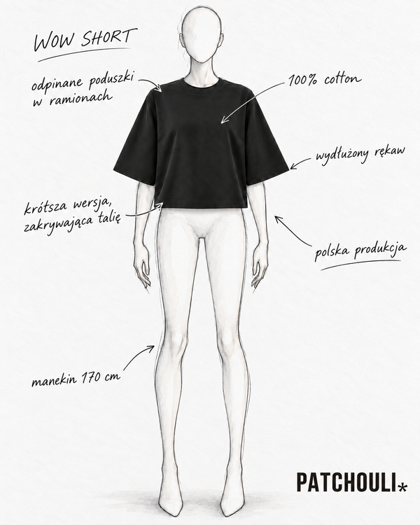 T-shirt WOW SHORT Black na rysowanym manekinie 170 cm – cechy produktu i logo PATCHOULI