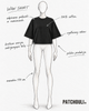 T-shirt WOW SHORT Black na rysowanym manekinie 170 cm – cechy produktu i logo PATCHOULI