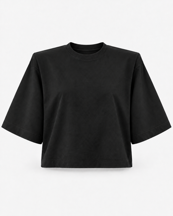 T-shirt WOW SHORT Black – packshot z podkreśloną linią ramion i poduszkami