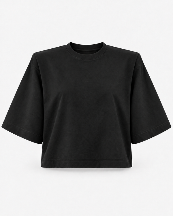 T-shirt WOW SHORT Black – packshot z podkreśloną linią ramion i poduszkami